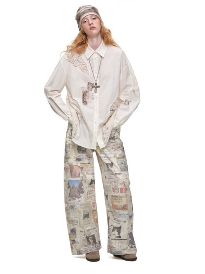 Cat Print Hollow Lace Patchwork Loose Silhouette Long-Sleeve Shirt【s0000019018】