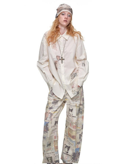 Cat Print Hollow Lace Patchwork Loose Silhouette Long-Sleeve Shirt【s0000019018】