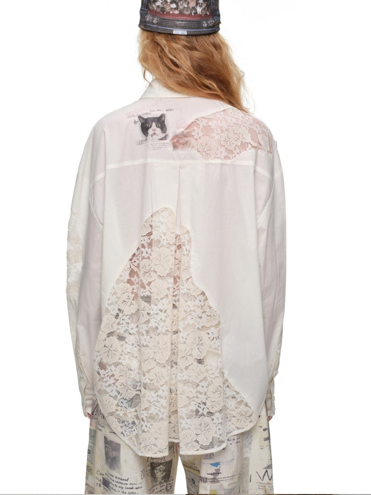 Cat Print Hollow Lace Patchwork Loose Silhouette Long-Sleeve Shirt【s0000019018】