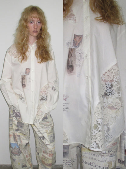 Cat Print Hollow Lace Patchwork Loose Silhouette Long-Sleeve Shirt【s0000019018】