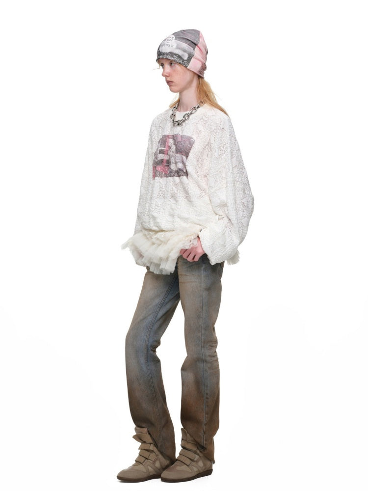 Cat Wanted Print 3D Hollow Lace Crew Neck Loose Pullover Bud Sweatshirt【s0000019019】