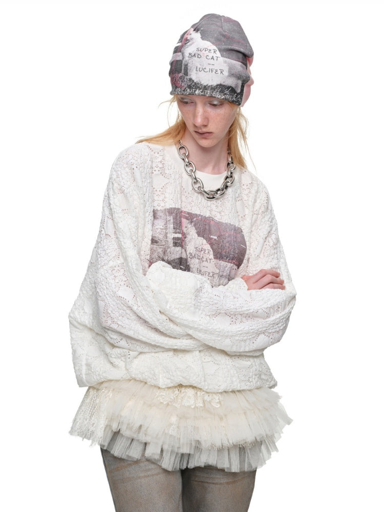 Cat Wanted Print 3D Hollow Lace Crew Neck Loose Pullover Bud Sweatshirt【s0000019019】