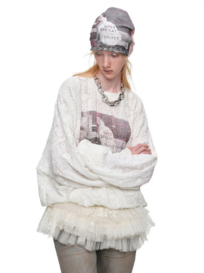 Cat Wanted Print 3D Hollow Lace Crew Neck Loose Pullover Bud Sweatshirt【s0000019019】