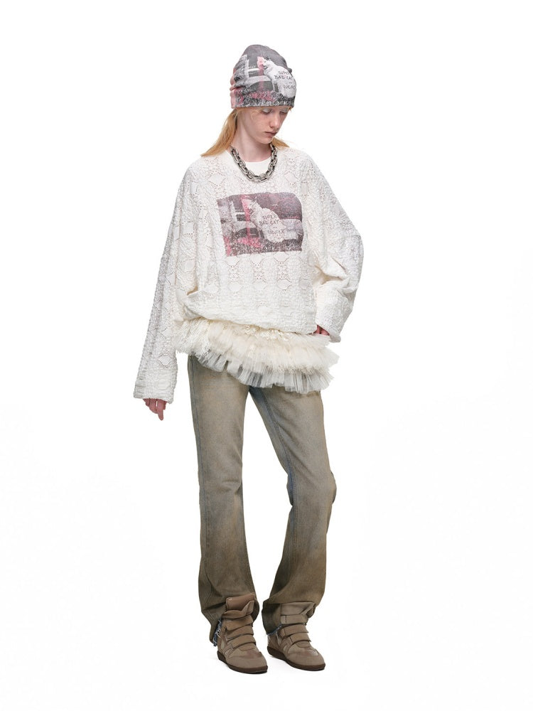 Cat Wanted Print 3D Hollow Lace Crew Neck Loose Pullover Bud Sweatshirt【s0000019019】