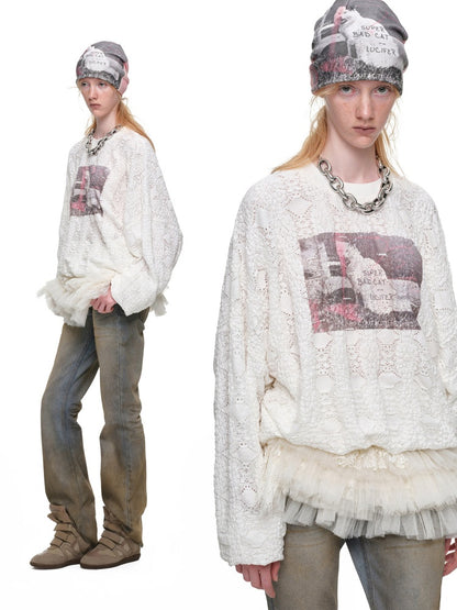 Cat Wanted Print 3D Hollow Lace Crew Neck Loose Pullover Bud Sweatshirt【s0000019019】