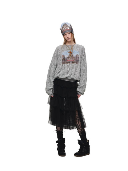 Cat Wanted Print 3D Hollow Lace Crew Neck Loose Pullover Bud Sweatshirt【s0000019019】