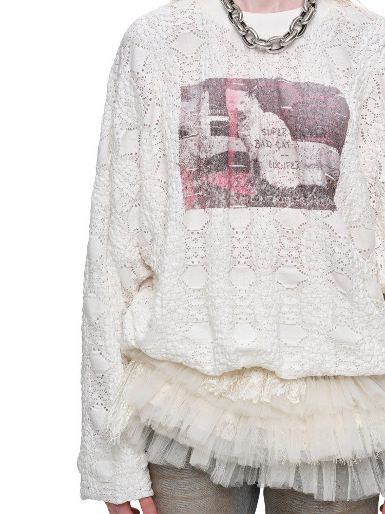 Cat Wanted Print 3D Hollow Lace Crew Neck Loose Pullover Bud Sweatshirt【s0000019019】