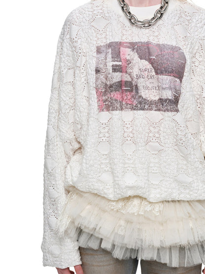 Cat Wanted Print 3D Hollow Lace Crew Neck Loose Pullover Bud Sweatshirt【s0000019019】
