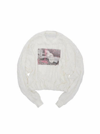 Cat Wanted Print 3D Hollow Lace Crew Neck Loose Pullover Bud Sweatshirt【s0000019019】