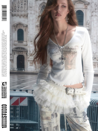 Cat Wanted Print 3D Hollow Lace Crew Neck Loose Pullover Bud Sweatshirt【s0000019019】