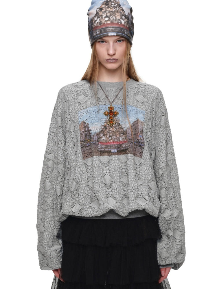 Cat Wanted Print 3D Hollow Lace Crew Neck Loose Pullover Bud Sweatshirt【s0000019019】