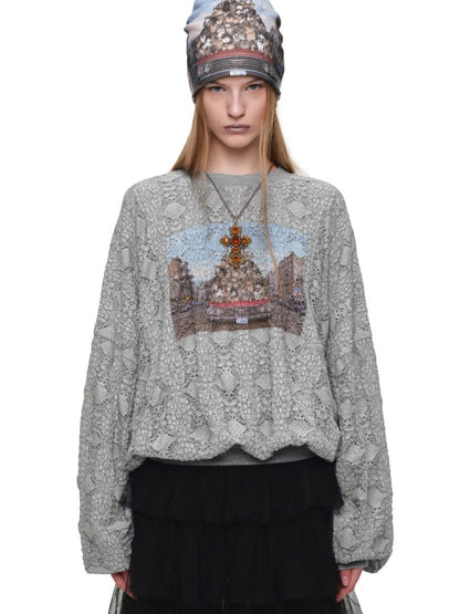 Cat Wanted Print 3D Hollow Lace Crew Neck Loose Pullover Bud Sweatshirt【s0000019019】
