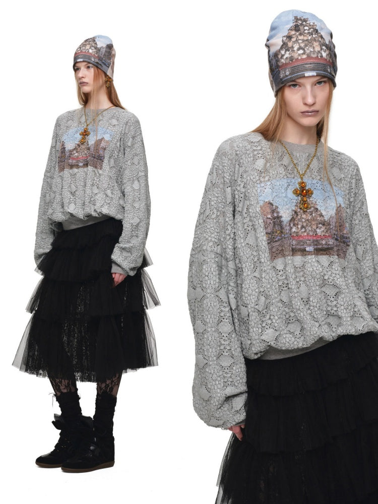 Cat Wanted Print 3D Hollow Lace Crew Neck Loose Pullover Bud Sweatshirt【s0000019019】