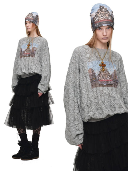 Cat Wanted Print 3D Hollow Lace Crew Neck Loose Pullover Bud Sweatshirt【s0000019019】