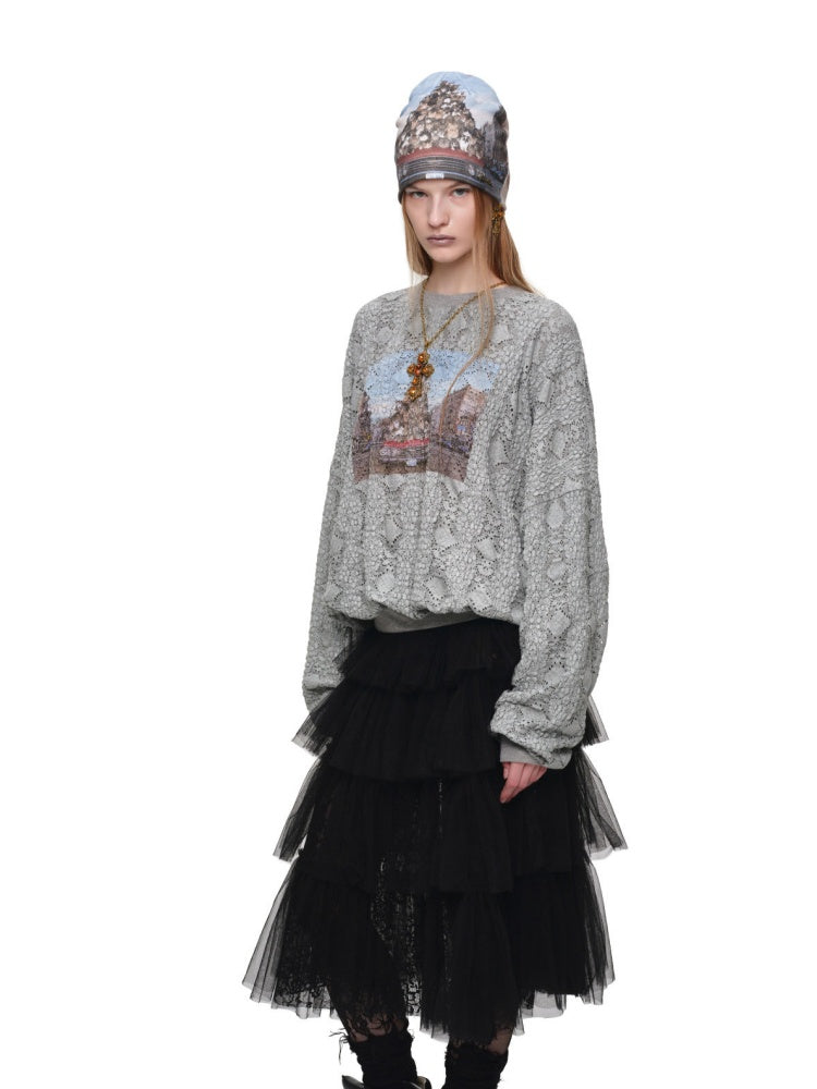 Cat Wanted Print 3D Hollow Lace Crew Neck Loose Pullover Bud Sweatshirt【s0000019019】