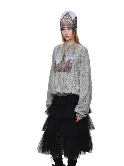 Cat Wanted Print 3D Hollow Lace Crew Neck Loose Pullover Bud Sweatshirt【s0000019019】