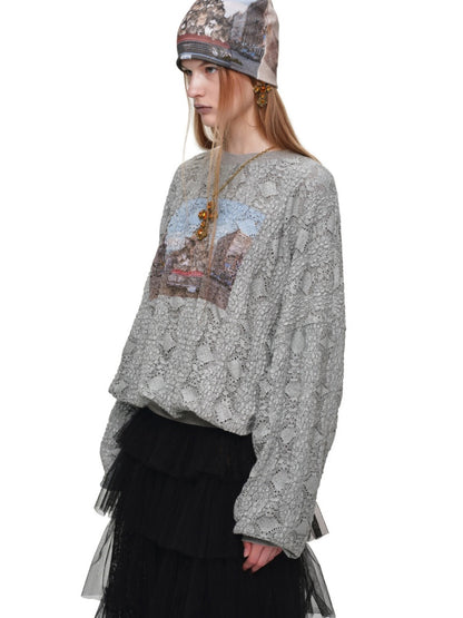Cat Wanted Print 3D Hollow Lace Crew Neck Loose Pullover Bud Sweatshirt【s0000019019】
