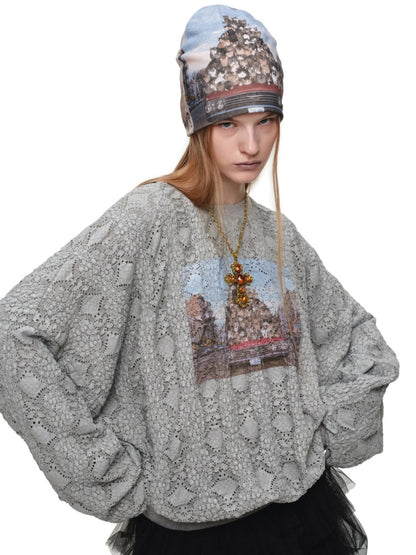 Cat Wanted Print 3D Hollow Lace Crew Neck Loose Pullover Bud Sweatshirt【s0000019019】