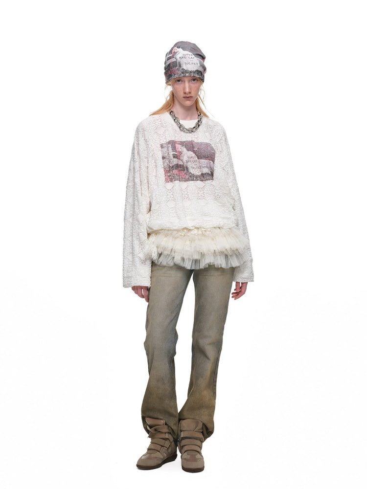 Cat Wanted Print 3D Hollow Lace Crew Neck Loose Pullover Bud Sweatshirt【s0000019019】