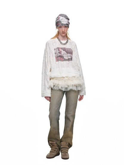 Cat Wanted Print 3D Hollow Lace Crew Neck Loose Pullover Bud Sweatshirt【s0000019019】