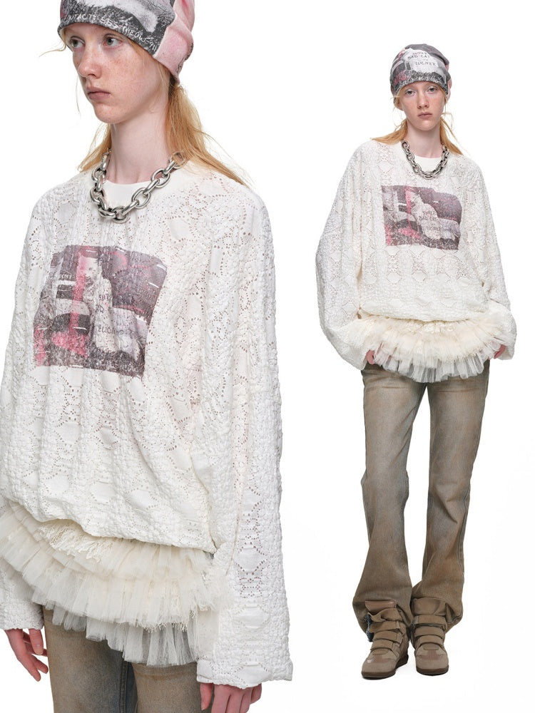Cat Wanted Print 3D Hollow Lace Crew Neck Loose Pullover Bud Sweatshirt【s0000019019】
