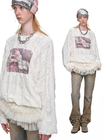 Cat Wanted Print 3D Hollow Lace Crew Neck Loose Pullover Bud Sweatshirt【s0000019019】