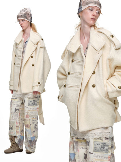 Napoleon Stand Collar Double-Breasted Belt Tweed Woolen Coat【s0000019025】