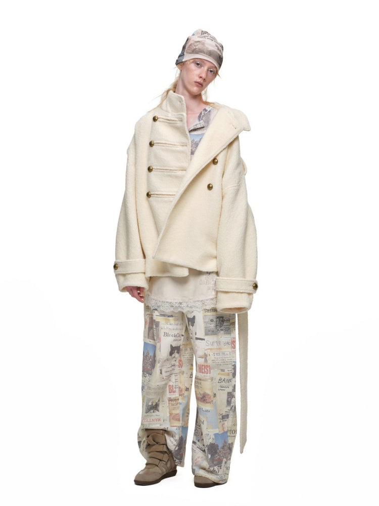 Napoleon Stand Collar Double-Breasted Belt Tweed Woolen Coat【s0000019025】
