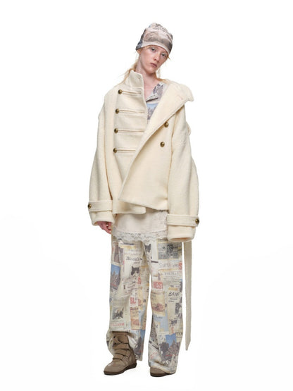 Napoleon Stand Collar Double-Breasted Belt Tweed Woolen Coat【s0000019025】