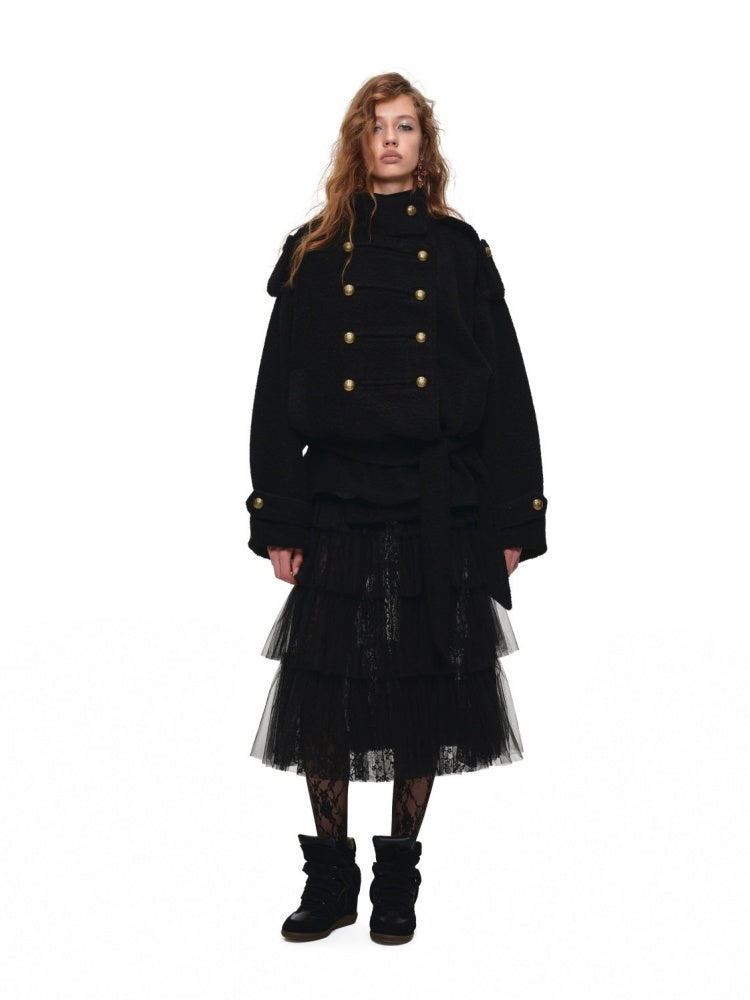 Napoleon Stand Collar Double-Breasted Belt Tweed Woolen Coat【s0000019025】