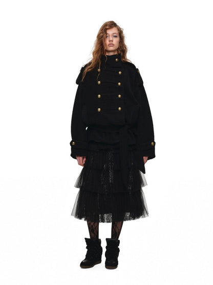 Napoleon Stand Collar Double-Breasted Belt Tweed Woolen Coat【s0000019025】