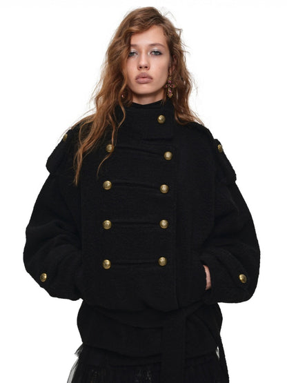 Napoleon Stand Collar Double-Breasted Belt Tweed Woolen Coat【s0000019025】