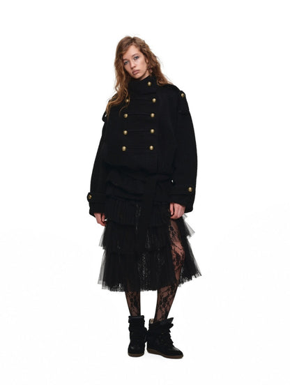 Napoleon Stand Collar Double-Breasted Belt Tweed Woolen Coat【s0000019025】