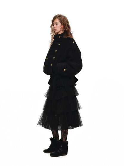 Napoleon Stand Collar Double-Breasted Belt Tweed Woolen Coat【s0000019025】