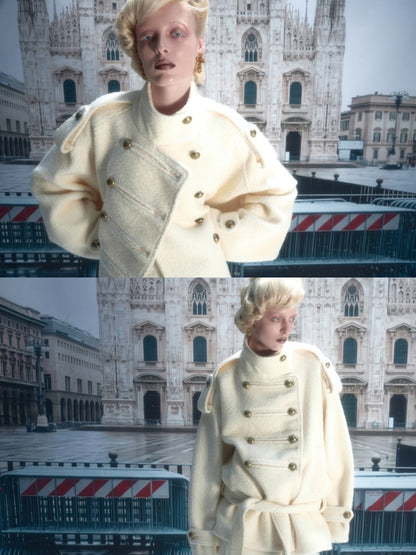 Napoleon Stand Collar Double-Breasted Belt Tweed Woolen Coat【s0000019025】