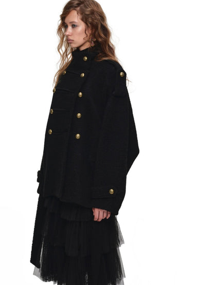 Napoleon Stand Collar Double-Breasted Belt Tweed Woolen Coat【s0000019025】