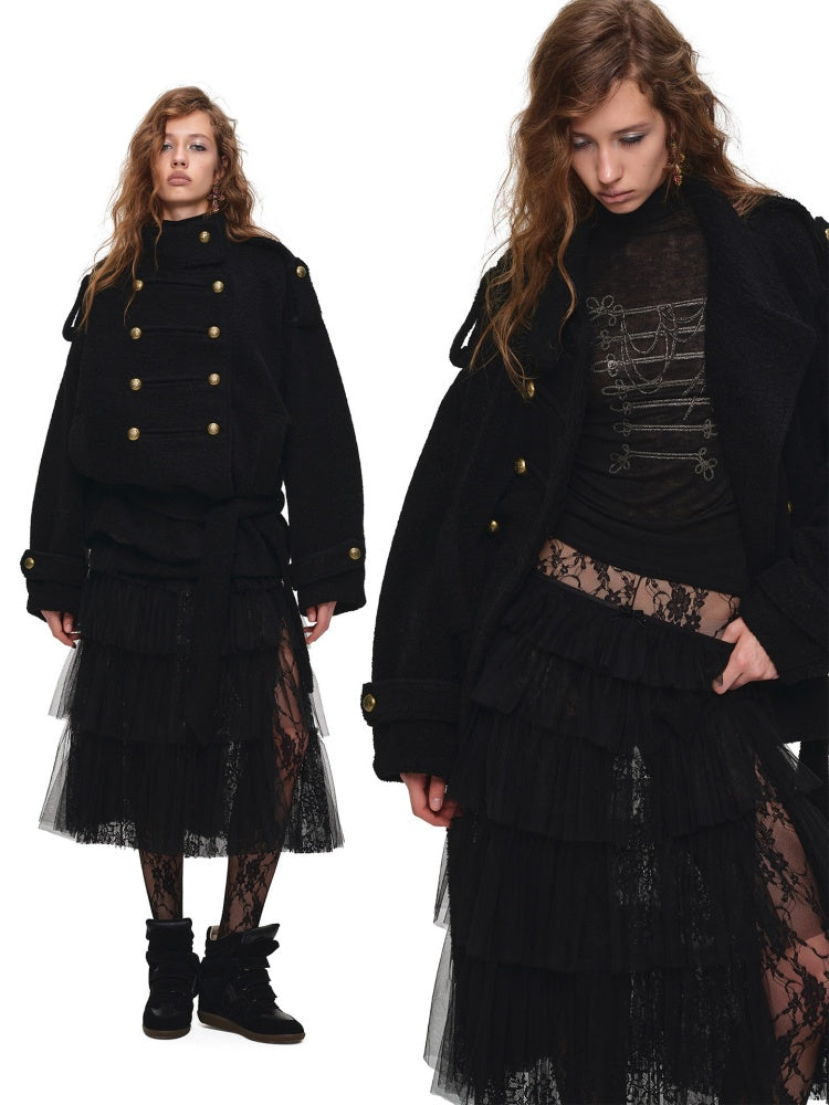 Napoleon Stand Collar Double-Breasted Belt Tweed Woolen Coat【s0000019025】
