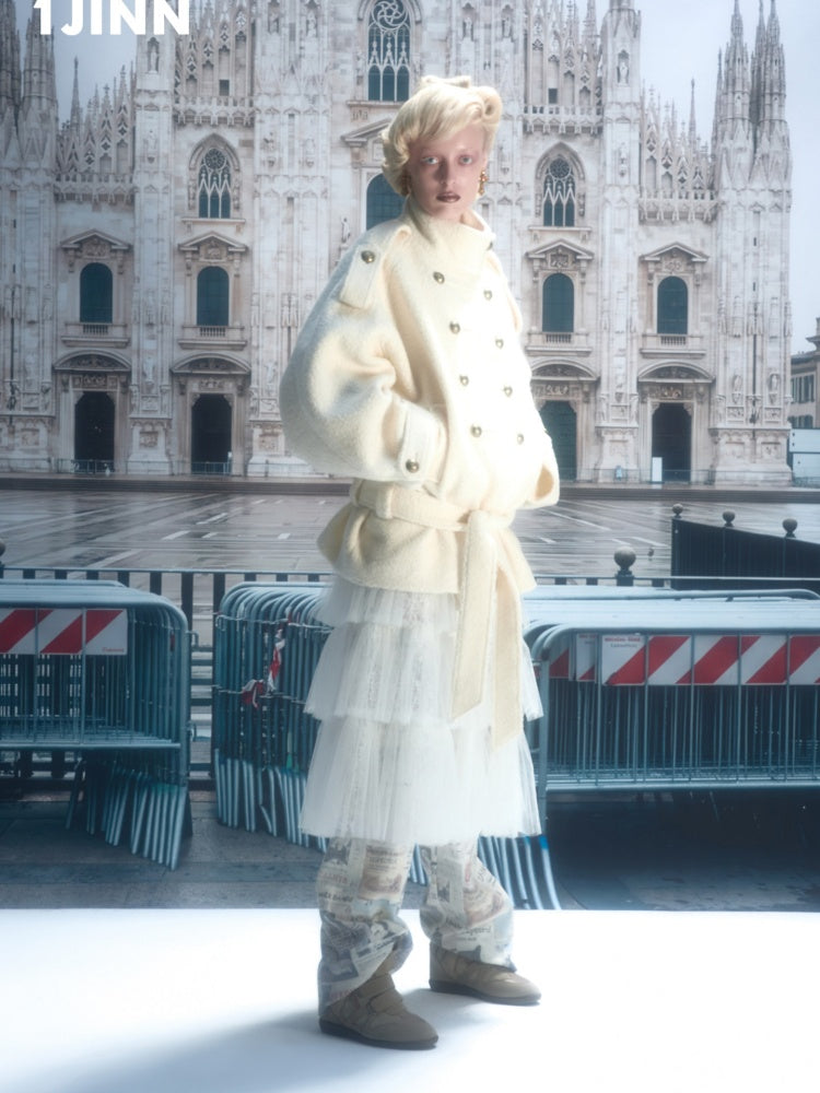 Napoleon Stand Collar Double-Breasted Belt Tweed Woolen Coat【s0000019025】