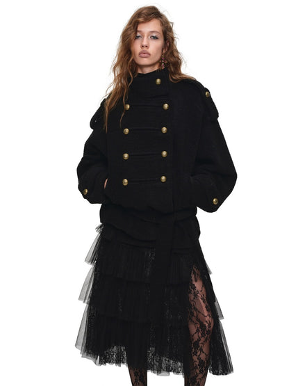 Napoleon Stand Collar Double-Breasted Belt Tweed Woolen Coat【s0000019025】