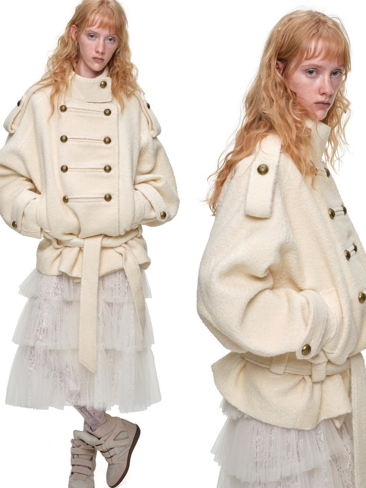 Napoleon Stand Collar Double-Breasted Belt Tweed Woolen Coat【s0000019025】