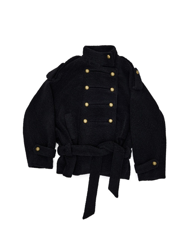 Napoleon Stand Collar Double-Breasted Belt Tweed Woolen Coat【s0000019025】