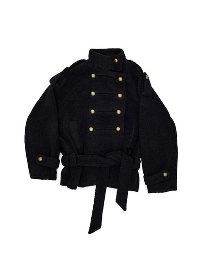 Napoleon Stand Collar Double-Breasted Belt Tweed Woolen Coat【s0000019025】