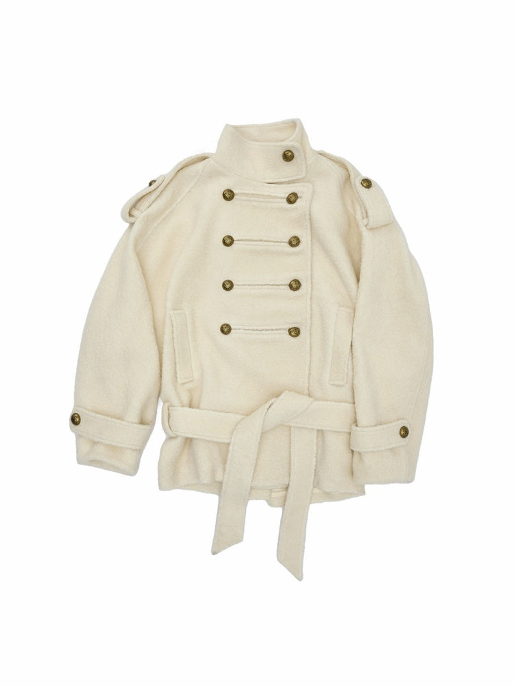 Napoleon Stand Collar Double-Breasted Belt Tweed Woolen Coat【s0000019025】