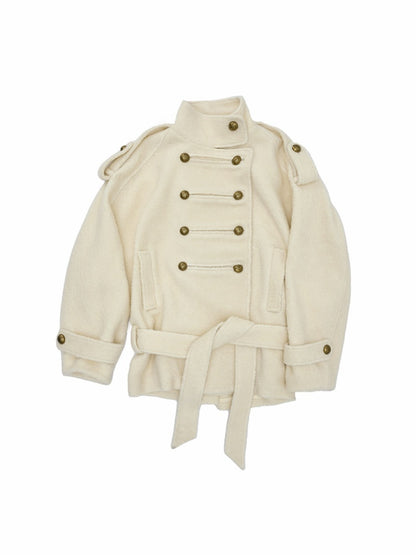 Napoleon Stand Collar Double-Breasted Belt Tweed Woolen Coat【s0000019025】