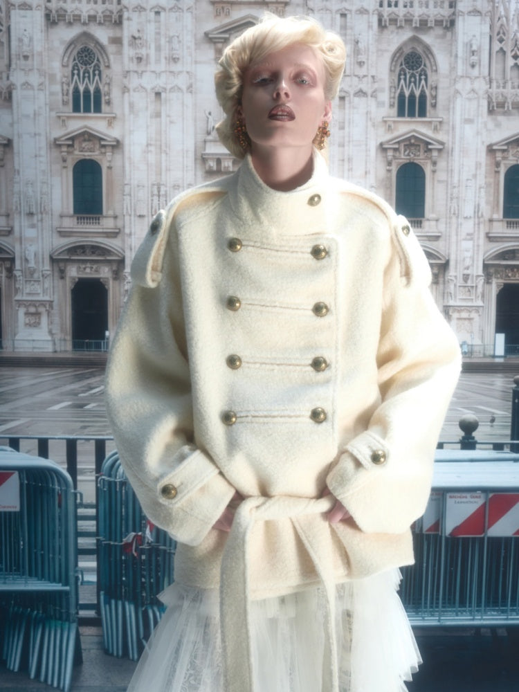 Napoleon Stand Collar Double-Breasted Belt Tweed Woolen Coat【s0000019025】