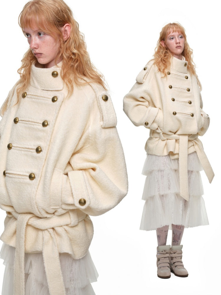 Napoleon Stand Collar Double-Breasted Belt Tweed Woolen Coat【s0000019025】
