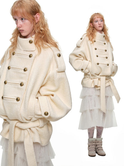 Napoleon Stand Collar Double-Breasted Belt Tweed Woolen Coat【s0000019025】