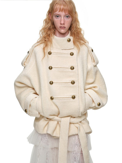 Napoleon Stand Collar Double-Breasted Belt Tweed Woolen Coat【s0000019025】
