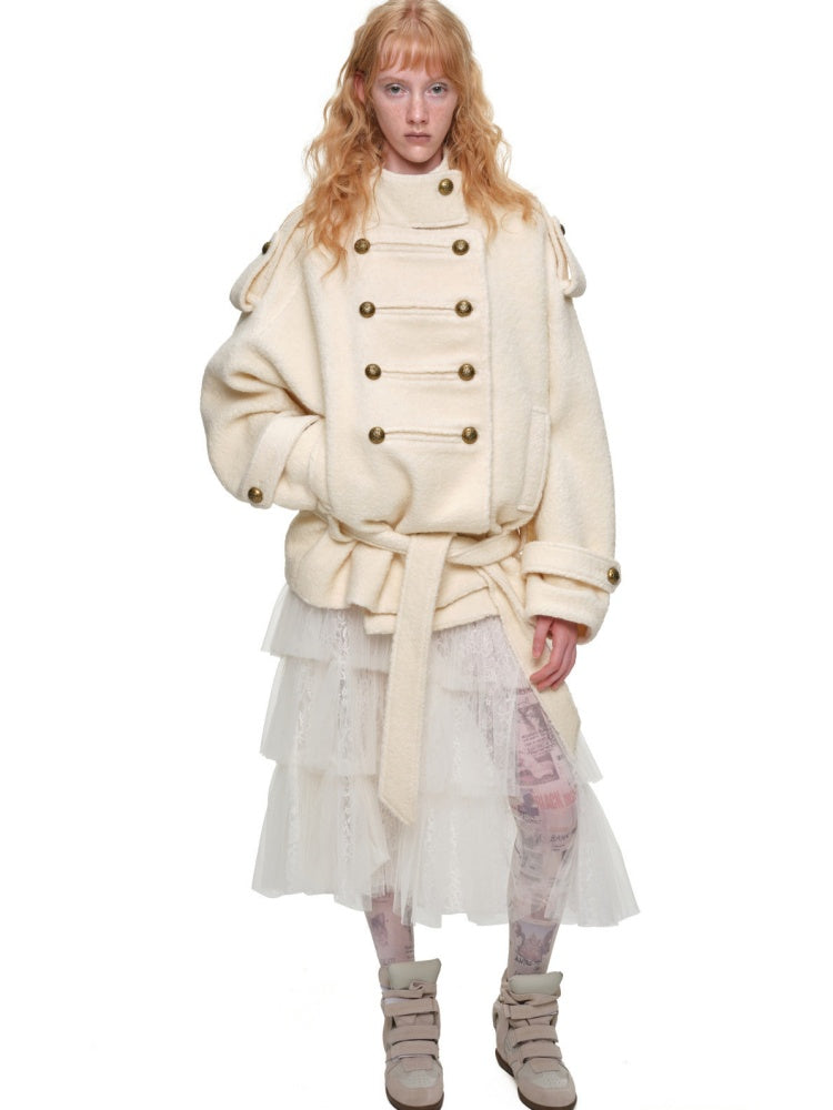 Napoleon Stand Collar Double-Breasted Belt Tweed Woolen Coat【s0000019025】