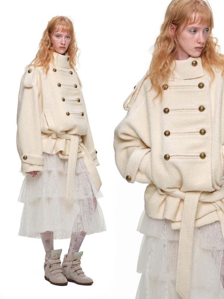 Napoleon Stand Collar Double-Breasted Belt Tweed Woolen Coat【s0000019025】